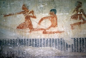 Kalastajat ja krokotiili Mastaba-kappelin pohjoisseinästä, vanhasta kuningaskunnasta (seinämaalaus)