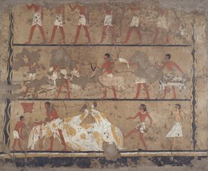 Karjankasvatusta, teurastusta, uhrien ja uhrien kantajia, Itin ja Neferun hauta (seinämaalaus) tekijältä Egyptian 6th Dynasty