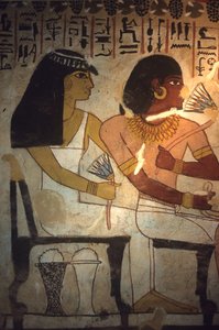 Muinainen Egypti, seinämaalaus, Sennuferin hauta, Theban, Sennufer ja hänen sisarensa Merit pitävät lootuksen kukkia, Sennufer, Theban pormestari ja farao Amenofis II:n valvonnassa ollut valvojan virkailija tekijältä Egyptian Egyptian