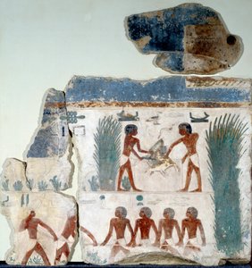 Egyptin antiikki: kesän alku. Kaksi talonpoikaa tappaa lintuja. Yksityiskohta maalatusta kalkkikivifreskosta Abu Gurobin aurinkotemppelistä. Berliini, Egyptiläinen museo tekijältä Egyptian Egyptian