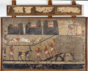 Egyptiläinen antiikin aika: vehnän kuljettaminen muulien selässä ja ihmisten selässä. Detrempe savella ja oljella kuningas Itin kenraalin ja kanslerin haudasta El Ghebelenissä lähellä Luxoria. 2200-2000 eaa. Torino, egyptiläinen museo tekijältä Egyptian Egyptian