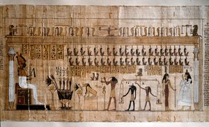 Egyptiläinen antiikin aika: sielujen punnitus (psykostaasi). Kuolleiden kirjan papyrus. Torino, Egyptiläinen museo - Muinainen Egypti: sielujen punnitus (psykostasia). Papyrus kuolleiden kirjasta. Egyptiläinen museo, Torino, Italia