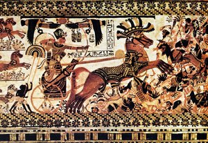 Egyptiläinen haudan seinämaalaus, joka kuvaa taistelukohtausta. tekijältä Egyptian Egyptian