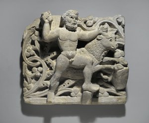 Heracles seppä Acheloosia härän muodossa, Oxyrhynchuksesta, n. 300-500 (kalkkikivi) tekijältä Egyptian School