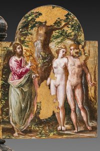Kannettava alttarin takapuoli: Aadam ja Eeva kasvot ikuista Isää, yksityiskohta numerosta 2384587 (tempera grassa paneelissa) tekijältä El Greco