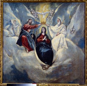 El Grecon (1541-1614) Domenikos Theotokopoulosin maalaus Neitsyen kruunaus 1595 su. 0,99 x 1,01 m Madrid, Prado-museo tekijältä El Greco