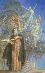 Prospero ja Ariel, Lontoon Broadcasting Houselle tilattu tutkimus kadonneesta kuvasta, n. 1931 (pastelli paperilla) tekijältä Eleanor Fortescue Brickdale