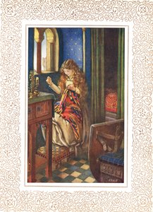 The Lily Maid of Astolat, joka tunnetaan myös nimellä Lady of Shalott, kuvitus Alfred Tennysonin (1809-92) teoksesta "Idylls of the King", julkaisija Hodder & Stoughton