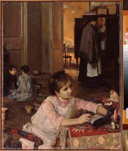 Lastenhuone (Lapset leikkivät leluillaan, kun piika järjestää pyykkiä kaapissa) - Lastenhuone - Elena Dmitryevna Polenovan (1850-1898) maalaus, öljy kankaalle tekijältä Elena Polenova