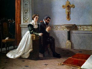 Bianca Cappello ja Francois I de Medici (1541-1587) (Francesco Primo I de Medici) rukoilevat krusifiksin edessä (öljy kankaalle)