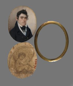 John Haslett M.D.:n muotokuva, n. 1822 (wc norsunluun muotokuvalla, painettu käyntikortti (taustapaperi) ja messinkivuori ja linssi)