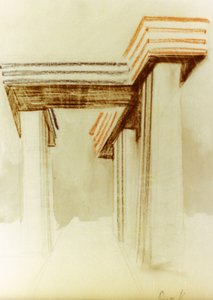 Suunnittelupiirros el lissitzkyn (lazar markovich lissitzky) ehdottamasta wolkenbugel-rakennuksesta, jota ei koskaan rakennettu tekijältä Eliezer Markowich Lissitzky