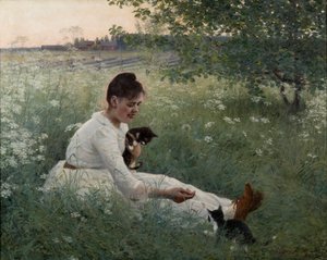Nuori tyttö kissojen kanssa kesämaisemassa - Tyttö kissojen kanssa kesämaisemassa - Elin Danielson-Gambogi (1861-1919). öljy kankaalle