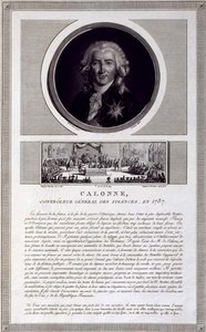 Calonne, taloushallinnon päällikkö, vuonna 1787, Charles Levachezin (fl.1760-1820) kaivertama muotokuva, jossa on kohtaus Jean Duplessis-Bertaux