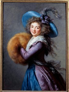 Muotokuva Madame Mole Reymondista (1759-1833), italialaisen komedian näyttelijästä Hänellä on päällään höyhenhattu ja hihat. Marie Elisabeth Louise Vigee Le brunin maalaus (ou Vigee-Lebrun tai Vigee Lebrun) (1755-1842) 1786 su. 1,04x0,76 m - muotokuva o tekijältä Elisabeth Louise Vigee Lebrun