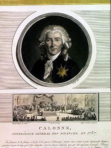 Charles Alexandre de Calonne (1734-1802) Ludvig XVI:n (1754-93) talouden yleinen valvoja, Charles Levachezin (fl.1760-1820) kaiverrus ja Jean Duplessi Bertaun The Assembly of Notables tekijältä Elisabeth Louise after Vigee Lebrun