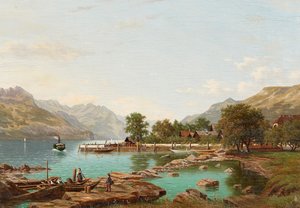 Maisema vuorten kanssa Maggiore-järven rannalla (öljy kankaalle) tekijältä Eliza Agnetus Emilius Nijhoff