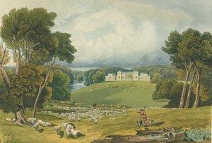 Näkymä Holkham Hallista, Norfolkista, kaiverrus Robert Havell (1769-1832) 1818 (värikaiverrus) tekijältä Elizabeth Blackwell