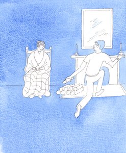 Mies osoittaa todellista rakkautta, jos hän käy äitinsä luona ja auttaa häntä, 2005 (akvarelli paperille). tekijältä Elizabeth Wang