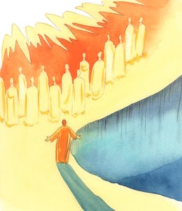 Kaikki kiirastulen sielut yhtyvät rukouksiimme, kun ylistämme Isää Kristuksen kautta Hengessä, messussa, 2005 (vesiväri paperille). tekijältä Elizabeth Wang