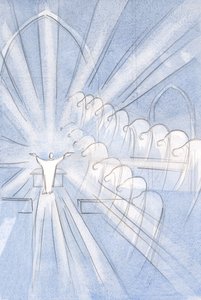 Enkelit ja pyhät kumartavat alas, palvoen Kristuksen uhria: "Hänen kautta, Hänen kanssaan, Hänessä?", 2001 (paperilla) tekijältä Elizabeth Wang