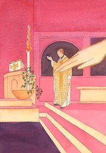 Kun pappi ojensi kätensä siunatakseen vettä, pääsiäisenä Isä Jumala ojensi kätensä ja kosketti vettä, 2002 (paperilla) tekijältä Elizabeth Wang
