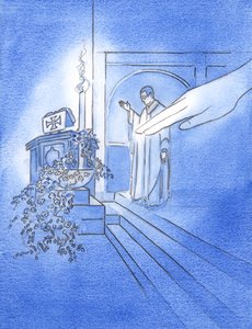 Kun pappi ojensi kätensä siunatakseen vettä, pääsiäisenä Isä Jumala ojensi kätensä ja kosketti vettä, 2002 (paperilla) tekijältä Elizabeth Wang