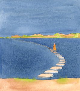 Koska toivomme päättävämme elämämme ikuisesti Jeesuksen kanssa, kristillinen matka on kuin kävely Galilean meren yli askelmerkkien polulla: melko turvallista niin kauan kuin kukaan ei kompastu, 2005 (akvarelli paperille). tekijältä Elizabeth Wang