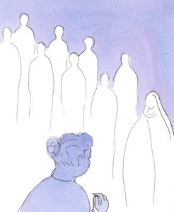 Kun rukoilemme rukousta, pyhät liittyvät "Terve Maria" -teoksen ensimmäiseen puoliskoon ja rukoilevat sitä kanssamme kunnioittaakseen Neitsyt Mariaa ja kirkastaakseen hänen poikaansa Jeesusta., 2004 (paperilla) tekijältä Elizabeth Wang