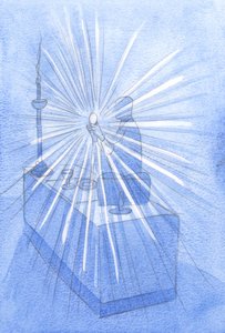 Corpus Christi -juhlissa (Kristuksen pyhä ruumis ja veri) kirkkaat valonsäteet virtasivat kohonneesta isännästä, 2001 (w/c paperilla) tekijältä Elizabeth Wang