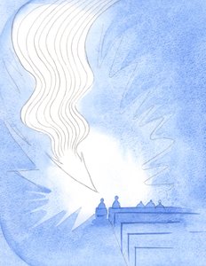 Pyhällä ehtoollisella laskeutui suuri liekki, kuin nuoli. Kristus oli saapunut Henkensä voimassa, Isän elämässä, omassa rakkaudessaan, 2001 (paperilla) tekijältä Elizabeth Wang