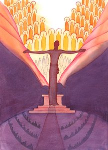 Messussa on kuin jättimäinen Kristus seisoisi alttarilla, ojentaakseen kätensä ja repiäkseen verhon, joka peittää taivaan maasta, 2005 (akvarelli paperille). tekijältä Elizabeth Wang