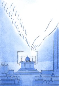 Pyhityksessä Pyhä Henki muuttaa nämä lahjat Kristuksen pyhiksi ruumiiksi ja vereksi pelkällä "kosketuksella", 2002 (paperilla) tekijältä Elizabeth Wang