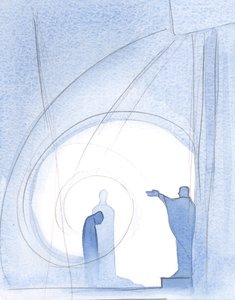 Pyhän messun lopussa meidät syleilee Isän siunaus Kristuksen seurassa, kun Pyhä Henki lohduttaa sydäntämme., 2001 (paperilla) tekijältä Elizabeth Wang