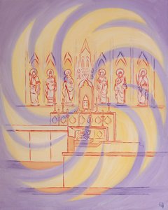 Tabernaakkelin edessä olemme elävän Jumalan läsnäolossa, jonka kolmiyhteinen kirkkaus täyttää seurakunnan, 2003 (öljyä aluksella) tekijältä Elizabeth Wang