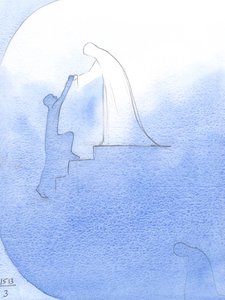 Keräten apua poismenneelle sielulle, näin Siunatun Ladymme ojentavan kätensä, nojaavan taivaan "reunan" yli vetäen hänet kunniaan., 2001 (paperilla) tekijältä Elizabeth Wang