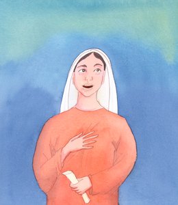 Voimmeko kuvitella, että Neitsyt Maria ei tiennyt, milloin hänen poikansa oli noussut kuolleista Hän tiesi sen hänen ylösnousemuksensa hetkellä, kun hän koki omassa sydämessään hänen autuutensa ja kirkkautensa, 2005 (akvarelli paperille). tekijältä Elizabeth Wang