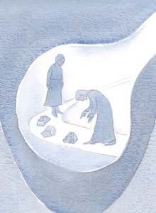 Kristus itse nöyryydessään kumartuu auttamaan meitä yhä uudelleen ja uudelleen; virheidemme korjaaminen - "roskamme", 2000 (w/c paperilla) tekijältä Elizabeth Wang