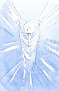 Kristus, ylösnoussut ja kirkastettu, on todella läsnä siunatussa sakramentissa. Papin kaapussa hän rukoilee meidän puolestamme Isää, 2001 (paperilla) tekijältä Elizabeth Wang