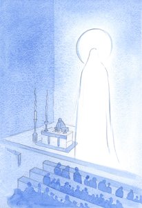Kristus ja Hänen pyhä äitinsä ovat elossa, taivaassa nyt, kirkkaina. Olla näin ylistetty on olla majesteettinen ja täydellinen kaikella tavalla, 2001 (w/c paperilla) tekijältä Elizabeth Wang