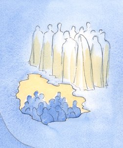 Kristus ja hänen pyhimyksensä taivaassa katsovat suurella hellästi alas maan päällä oleviin ystäviinsä, jotka mietiskelevät hänen kärsimystään, 2002 (paperilla) tekijältä Elizabeth Wang