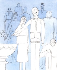 Kristus pyytää meitä suorittamaan perusteellisen uudelleenarvioinnin nykyisistä asenteistamme ja toimistamme, jotka liittyvät kunnioitukseen Häntä kohtaan, 2004 (w/c paperilla) tekijältä Elizabeth Wang