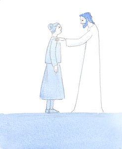 Kristus siveli olkapäätäni, kun hän vakuutti minulle, että pienet virheemme ovat kuin pieniä pölyhiukkasia hienossa puvussa, kun lähestymme häntä ehtoollisella, 2005 (akvarelli paperille). tekijältä Elizabeth Wang