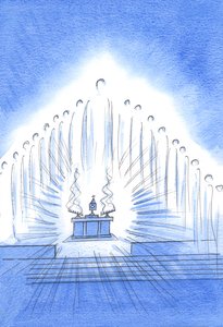 Kristus on läsnä pyhien enkeliensä kanssa novenassamme ja siunauksessamme; ja Our Lady iloitsee häpeämättömästä kiintymyksestämme, 2002 (w/c paperilla) tekijältä Elizabeth Wang