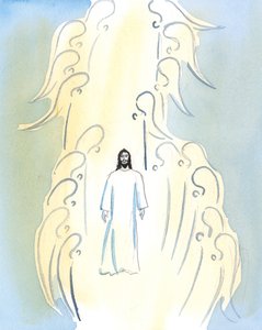 Kristus on olennaisesti läsnä kanssamme kirkossa, tabernaakkelissa, ja hän on läsnä alttarilla messun vihkimyksessä, 2005 (akvarelli paperille). tekijältä Elizabeth Wang