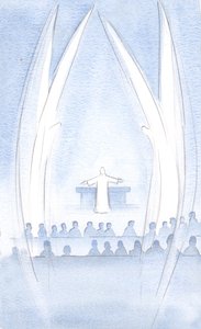 Kristus, meidän ylösnoussut Herramme, oli läsnä, olemme kirkkaudessaan ja voimassaan, Hänen pyhien enkeliensä vartioimana, 2000 (w/c paperilla) tekijältä Elizabeth Wang