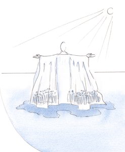 Kristus suojaa ja toimii kaikkien niiden puolesta, jotka ovat piiloutuneet Hänen vaatteensa alle; Hän on kuin teltta tai tabernaakkeli elämän autiomaassa., 2001 (w/c paperilla) tekijältä Elizabeth Wang