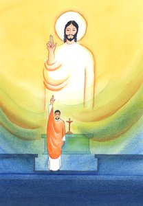 Kristus puhuu ja toimii pappien kautta, jotka siunaavat ja antavat anteeksi "in persona Christi capitis", "Kristus Pään persoonassa", 2002 (w/c paperilla) tekijältä Elizabeth Wang