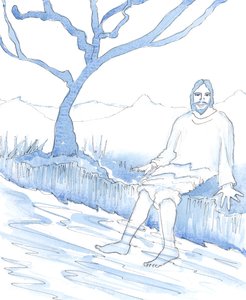 Kristus kertoi minulle, että oli totta, että hänellä ei ollut kuumia kylpyjä, kuten meillä nykyään, mutta hänellä oli järviä ja jokia virkistäytymiseen - ja suurimman osan ajasta lämmin sää, 2005 (vesiväri paperille). tekijältä Elizabeth Wang