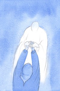 Kristus otti käsiäni ehtoollisen aikana ja sanoi: ole varma, käänny puoleeni kaikessa, kaikissa iloissa, ongelmissa tai kysymyksissä, 2002 (paperilla) tekijältä Elizabeth Wang